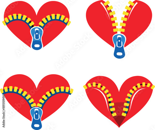 Two-Color vector icons of unzipped feelings: open-heart arc, parted zip row, released slider tab, separation track; undone tooth