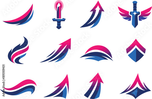 Two-Color vector icons of uplifting shadow energy: rising blade arc, elevated dusk tip, upward dark line, lifted hilt crest;