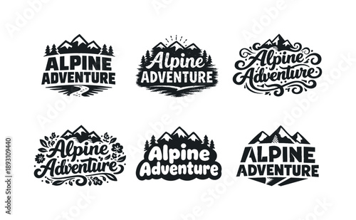 Alpine Lettering Variations. Alpine outdoor adventure lettering. Set lettering. harmonious lettering variations of the same emblematic concept, each with