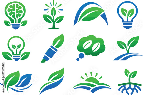 Two-Color vector icons of eco-inspired ideas: green-thought bulb, nature-spark stem, leaf-shaped concept arc, clean eco-filament;