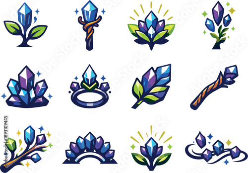 Two-Color vector icons of a mystical branch forming mineral leaves (related theme): mineral sprout, staff rod, crystal bloom,