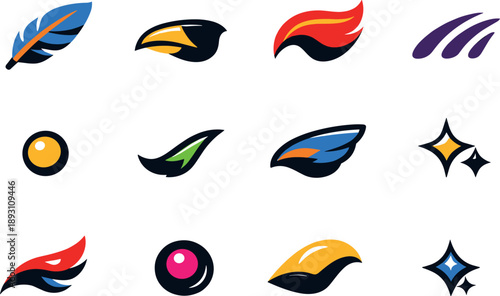 Two-Color vector icons of bird features: feather stripe, beak cut, crest curve, contour dash, tiny bead, arc flick, wing tip,