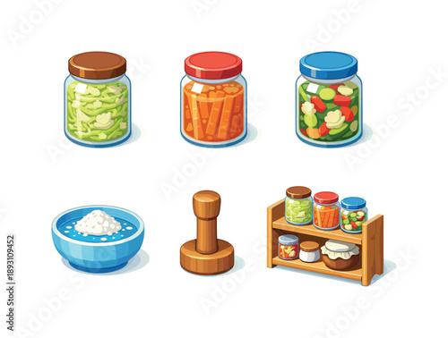 Home Fermentation Icons. Home Fermentation. Isometric flat vector icons set of Home Fermentation: cabbage ferment jar, carrot ferment jar, mixed vegetable jar,