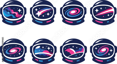 Two-Color vector icons of an interstellar reflection within a spacefaring helmet: nebula visor, star ribbon, glowing galaxy,