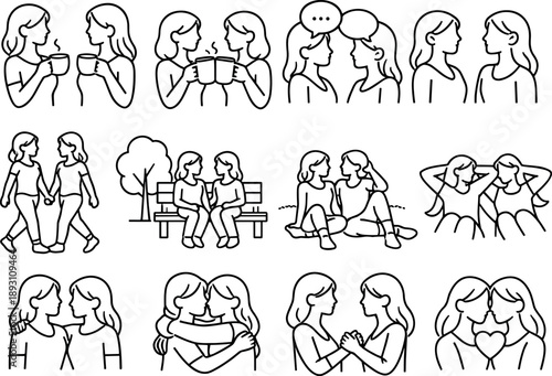 Line style vector icons of gal pals bonding: coffee, mug, chat, talk; walk, park, bench, relax; support, trust, care, bond Strict