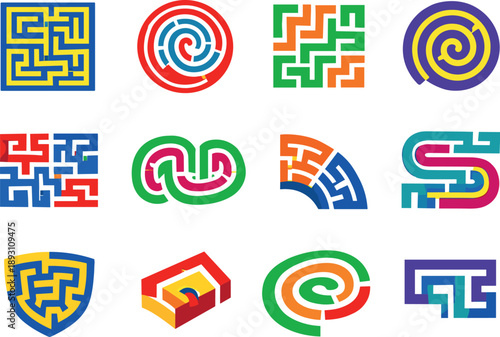 Two-Color vector icons of maze designs: square labyrinth, circular maze, multi-path grid, tight spiral corridor; segmented maze