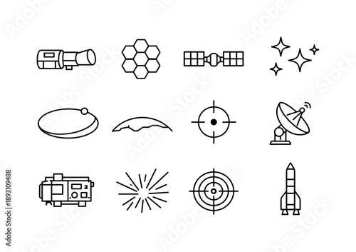 Space Telescope Icons. Space Telescope. Line icon set of Space Telescope: space telescope body, segmented mirror, solar panels, star field, orbit path, Earth