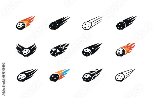 Meteorite Logo Set. Meteorites. Icon set. Set Logo of Meteorites: shooting star trail. harmonious logo variations of the same emblematic concept, each with