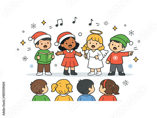 Holiday School Celebration. Children at holiday school party performance. Kids singing or performing together in front of classmates. Joyful expression and