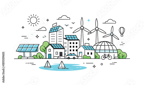 Sustainable Energy Cityscape. Renewable energy city. Eco-friendly city powered by renewable sources, buildings combined with solar panels and wind turbines.