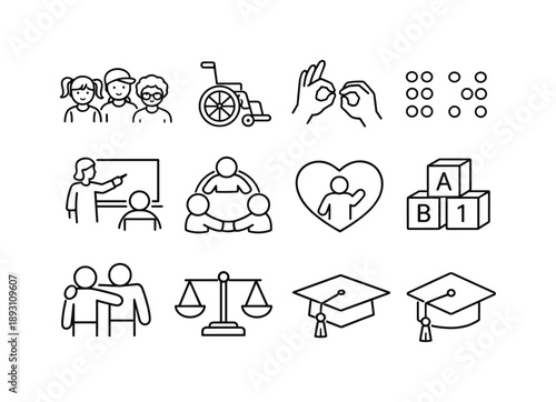 Inclusive Education Icons. Inclusive Education. Line icon set of Inclusive Education: diverse students group, wheelchair accessibility, sign language hands,