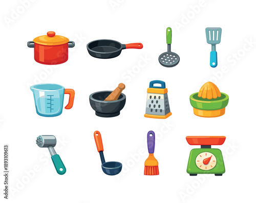 Colorful Cooking Tools. Cooking tools. Colorful flat vector icons set of cooking tools: stock pot, skillet, slotted spoon, turner spatula, measuring jug,