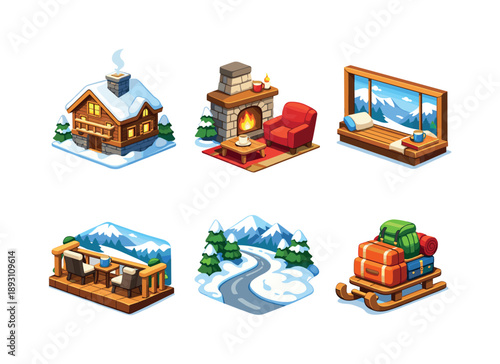 Mountain Getaway Icons. Mountain Getaway. Isometric flat vector icons set of Mountain Getaway: cozy chalet cabin, fireplace lounge area, panoramic window with