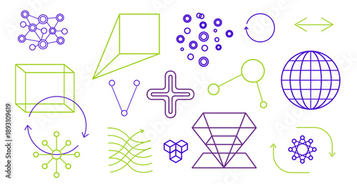 Minimalist vector illustration of scientific and geometric line icons in green and purple. Conceptual vector illustration for science, technology, and data visualization themes.