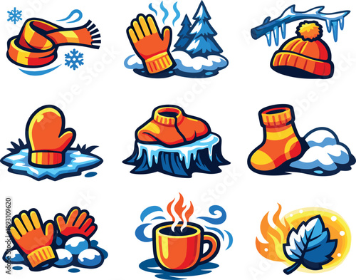 Two-Color vector icons of warm-vs-cold contrasts: fluttering scarf in cold air, glove warming near snow, hat beside icy twig,