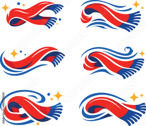 Vibrant Scarf Icons. Two-Color vector icons of scarf in wind: flowing scarf, drifting fabric, curved wave, flutter edge, loose