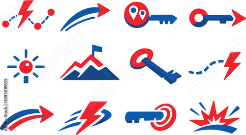 Two-Color vector icons of exploratory strike paths: route-marked bolt, guiding shank arc, marked key bow, directional bit line;