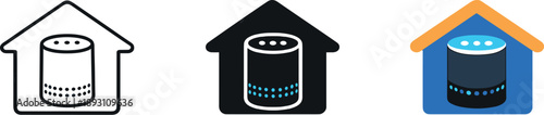 Modern household context represented by a smart speaker icon placed inside a home shape suggesting digitally assisted living —