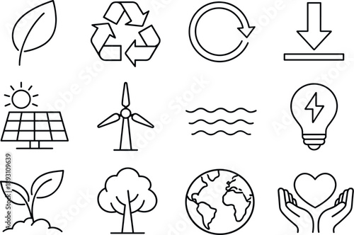Line style vector icons of Green living icons: leaf, recycle, reuse, reduce; solar, wind, water, energy; eco, nature, planet,