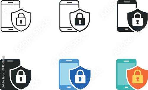 Application protection symbol depicting a smartphone combined with a security shield and lock to convey controlled access and