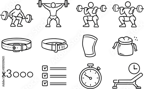 Line style vector icons of Weightlifting routine: power clean, snatch, front squat, back squat; lifting belt, wrist wrap, knee