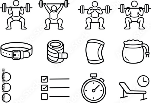Line style vector icons of Weightlifting routine: power clean, snatch, front squat, back squat; lifting belt, wrist wrap, knee