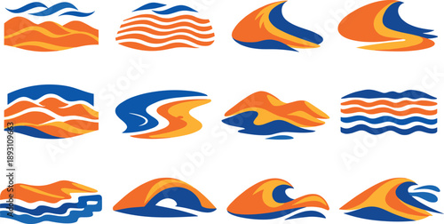 Two-Color vector icons of sandy seascapes: dune waves, sand ripples, desert swell, wind-shaped crest; layered dunes, curved sand