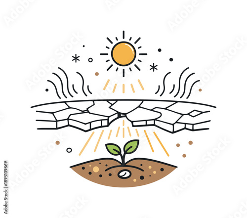 Seasonal Transition Art. Nature awakening concept. Cracked frozen surface with warm air lines and sunlight gently reaching the soil beneath. Abstract but