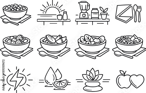 Line style of Breakfast smoothie bowls vector icons: breakfast bowl, morning sun, kitchen counter, napkin; berry mix, tropical