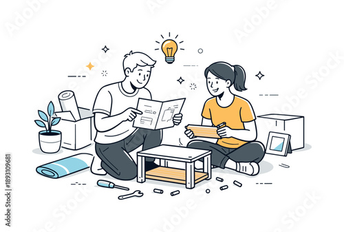 First Apartment Assembly. First apartment setup. A couple assembling simple furniture together, following instructions and communicating calmly. Focused