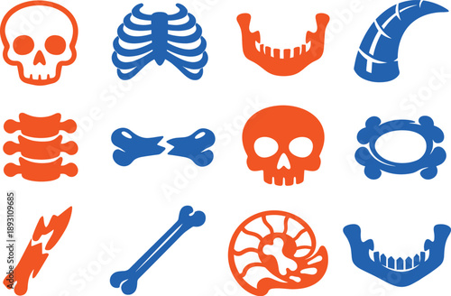 Two-Color vector icons of bone silhouettes: skull outline, rib cage arc, jawbone shape, horn curve; vertebra line, cracked bone