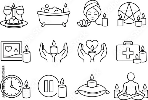 Line style icons of candle moments: dinner, bath, spa, ritual; memory, comfort, care, healing; time, pause, rest, stillness