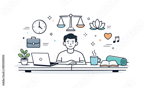 Balanced Work-Life Illustration. Work-life balance scene. A person sitting at a desk with a laptop on one side and relaxing items like a book, coffee, or yoga