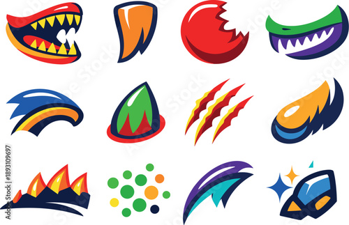 Two-Color vector icons of toothy wildlife: open jaw, single tooth, bite mark, curved jawline, snout arc, pointed scale, claw mark