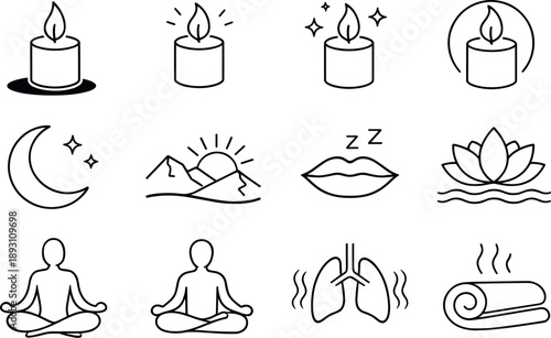 Line style icons of candle ambiance: shadow, flicker, shimmer, softlight; night, darkness, silence, calm; relax, meditate,