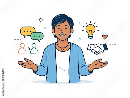 Welcoming Community Leader. Portrait of a community leader. A warm, approachable character shown in a half-body portrait, gentle smile and open posture, with