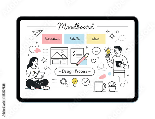 Pastel Moodboard Design. Pastel color moodboards. A digital moodboard on a tablet with soft color blocks and minimal typography, modern design process and calm