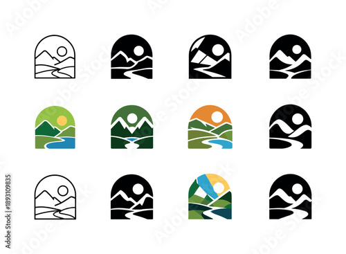 Lush Valley Icons. Lush Valley. Icon set. Set Logo of Lush Valley: valley arch symbol. harmonious logo variations of the same emblematic concept, each with