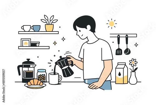Cozy Kitchen Morning. Cozy morning lifestyle scene. Simple minimal kitchen scene with a person making coffee, soft sunlight, and gentle decorative accents,