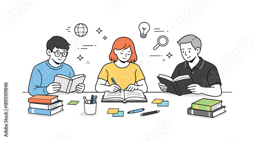 Focused Reading Scene. Learning through reading. People engaged in reading non-fiction at a table, books, sticky notes, and pens arranged neatly, expressing