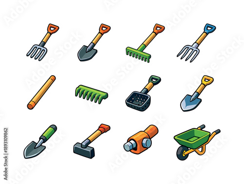 Farm Tools Icons. Farm Equipment. Colorful isometric vector icons set of Farm Equipment: pitchfork, shovel handle, rake handle, hay fork, wooden tool shaft,
