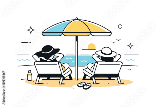 Beachside Relaxation. Sunbathing on beach. Two people resting on sun loungers under a simple umbrella, facing the ocean. Calm vacation atmosphere, slow time,