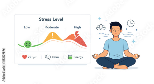 Stress Dashboard Illustration. Stress level chart. A minimal dashboard showing stress indicators with smooth curves and icons, a character practicing calm