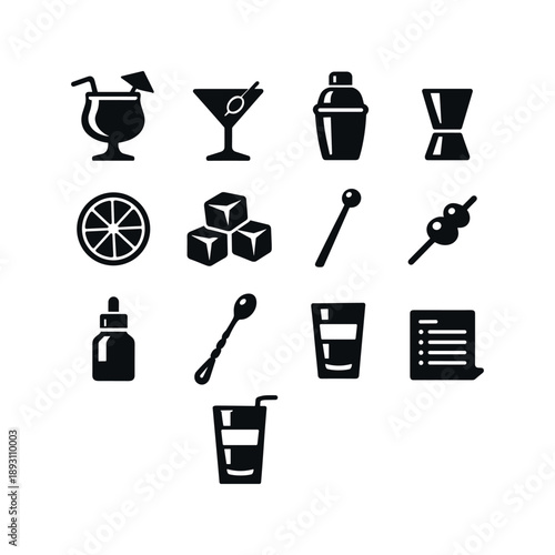 Custom Cocktail Icons. Custom Cocktails. Solid icon set of Custom Cocktails: cocktail glass, martini glass, shaker, jigger measure, citrus slice, ice cubes,
