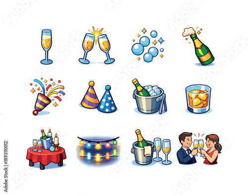 New Year Celebration Icons. New year toast. Colorful isometric vector icons set of new year toast: champagne flute, midnight clink, sparkling