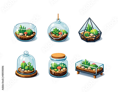 Glass Terrarium Icons. Glass terrarium. Isometric flat vector icons set of glass terrarium: open glass container, hanging glass globe, faceted terrarium