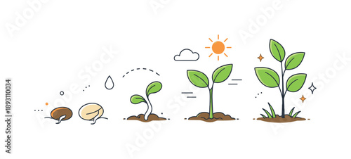 Sprouting Seeds Illustration. Seeds sprouting concept illustration. Abstract seeds transforming into leaves and shoots in a clean editorial composition. The