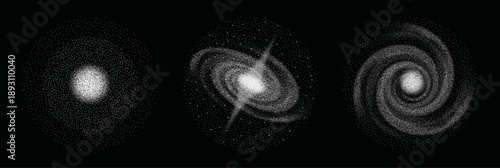 Spiral galaxies made with particle points, using stippling and point cloud techniques, abstract concepts of order and chaos, astronomy and cosmic structures on a black background