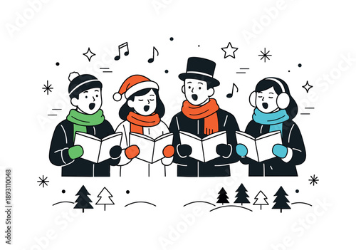 Festive Caroling Choir. Christmas choir group caroling. Singers performing outdoors with scarves and winter details. Cozy atmosphere and seasonal tradition.