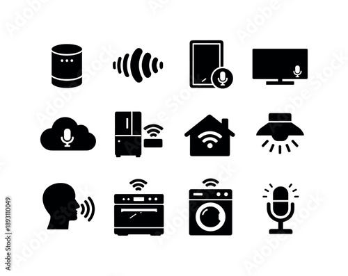 Hands-Free Tech Icons. Hands-Free Smart Living. Solid icon set of Hands-Free Smart Living: smart speaker, wave sound icon, smart mirror, voice enabled TV,